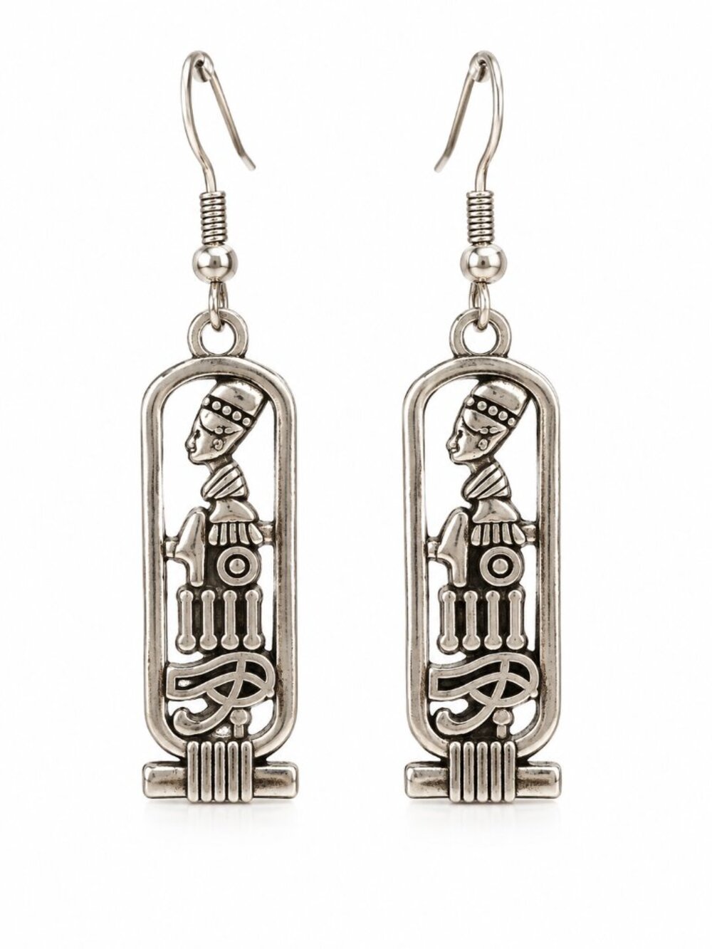 Egyptian Revival Nefertiti Hieroglyph Dangle Earrings Silver Tone 1.5"